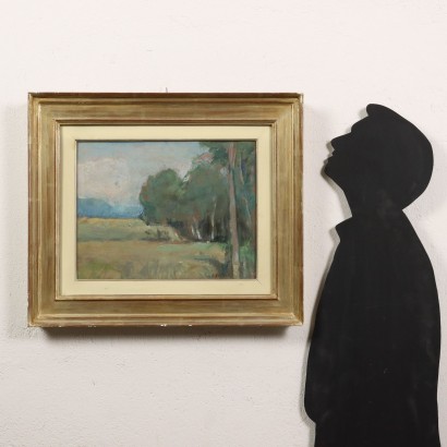 art, art italien, peinture italienne du XXe siècle,Peinture avec paysage lombard par Ezio%2,Clusone,Ezio Pastorio,Peinture avec paysage lombard par Ezio%2,Ezio Pastorio