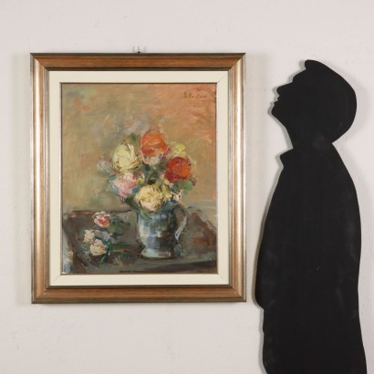 E. Pastorio Vase mit Rosen Öl auf Leinwand Italien XX Jhd